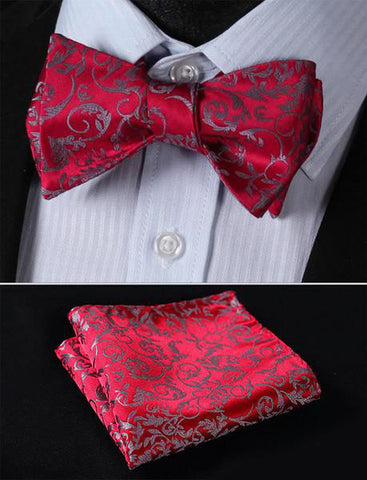 Boss Status Collection Floral Men Butterfly Self Bow Tie and Pocket Square Set - BossStatusCollection.Com