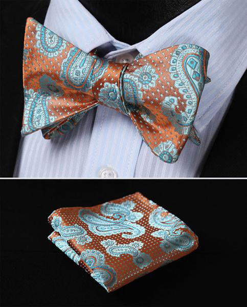 Boss Status Collection Floral Men Butterfly Self Bow Tie and Pocket Square Set - BossStatusCollection.Com